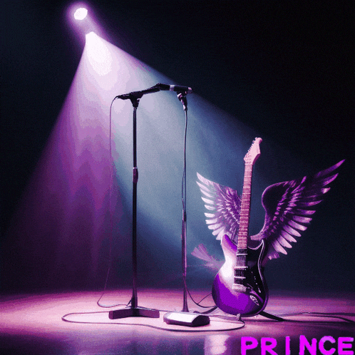 a purple guitar with wings and a microphone on a stage with the word prince below it