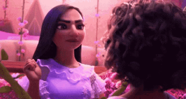 two cartoon characters are standing next to each other in a room .