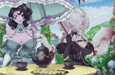 a cartoon illustration of two women sitting at a table