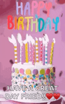 a happy birthday greeting card with a cake and candles .