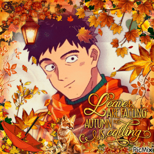 leaves are falling and autumn is calling with a man and a fox