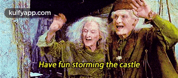 a couple of old people are standing next to each other with the words have fun storming the castle on the bottom