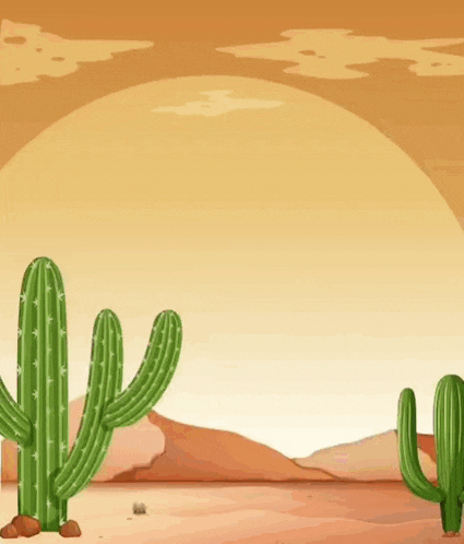 a desert landscape with cactus plants in the foreground and a sunset in the background