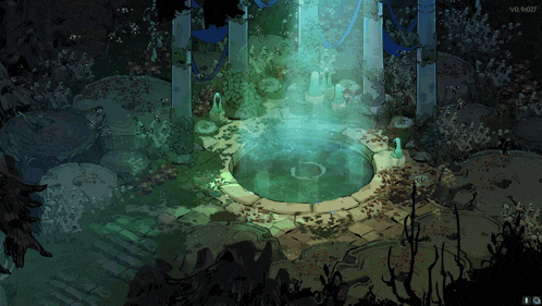 a screenshot of a video game shows a pool of water in the middle of a forest