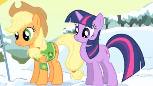twilight sparkle and applejack are standing in the snow