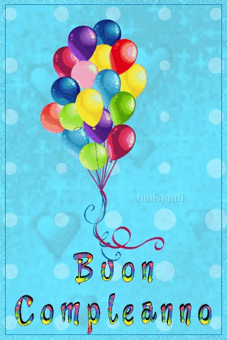 a birthday card with a bunch of colorful balloons says buon compleanno