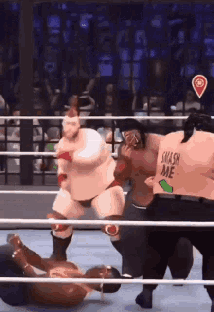 a wrestler with a shirt that says " smash me " on it