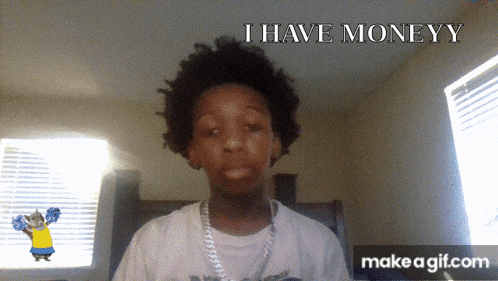 a young boy with a cheerleader behind him says " i have moneyy "