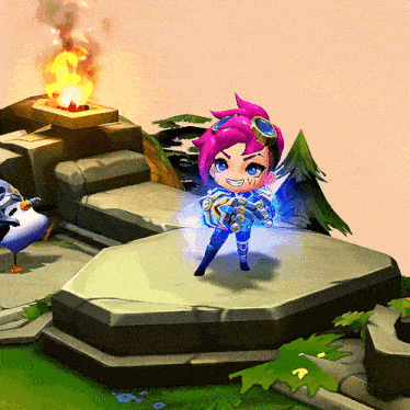 a cartoon character with pink hair and blue gloves has the number vii on her face
