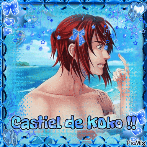 a picture of a man with red hair and the words " castiel de koko " on the bottom
