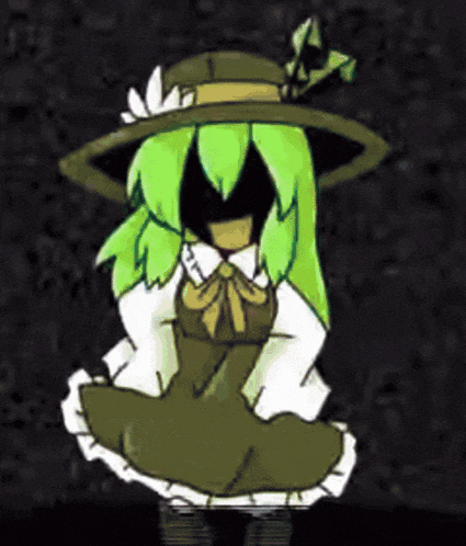 a drawing of a girl with green hair wearing a hat