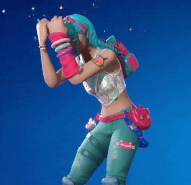a woman with green hair and a pink backpack is standing in front of a blue background .