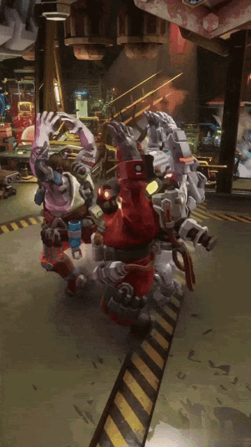 a robot in a video game with a yellow and black striped border
