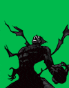 a silhouette of a monster with wings and a green background .