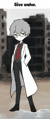 a cartoon of a man in a lab coat and tie with the words " give water " above him