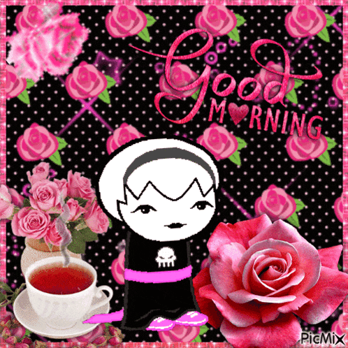 a picture of a girl holding a cup of tea with the words good morning written on it