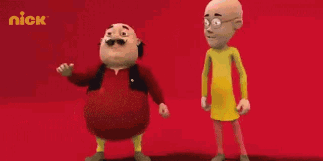 two cartoon characters are standing next to each other on a red background with a nick logo in the corner .