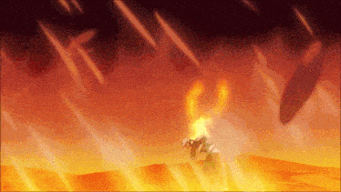 a cartoon drawing of a person standing in the middle of a desert surrounded by fire