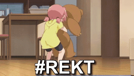 a girl is hugging a teddy bear in a living room and the word rekt is visible in the corner .