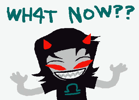 a drawing of a girl with horns and the words what now on the bottom
