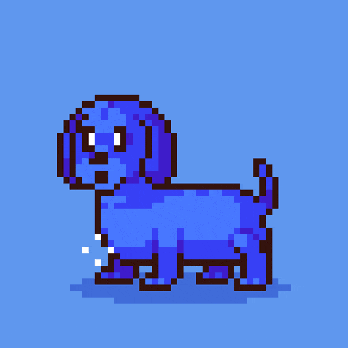 a pixel art drawing of a dachshund standing on a blue background
