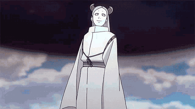 a cartoon character is standing in front of a cloudy sky wearing a white robe .