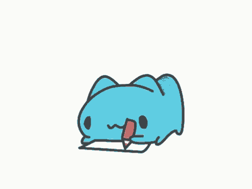 a blue cat is holding a piece of paper in its mouth and a pencil .
