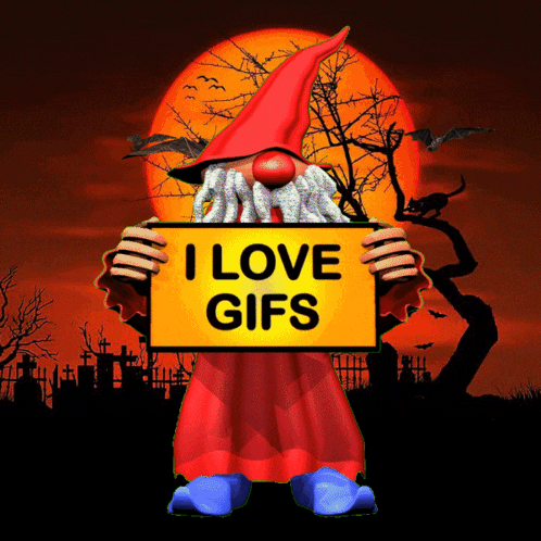 a cartoon gnome holding a sign that says i love gifs