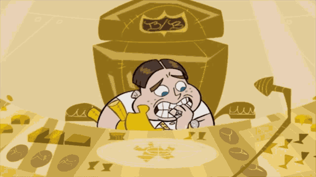 a cartoon of a man sitting in a chair with a crown on top