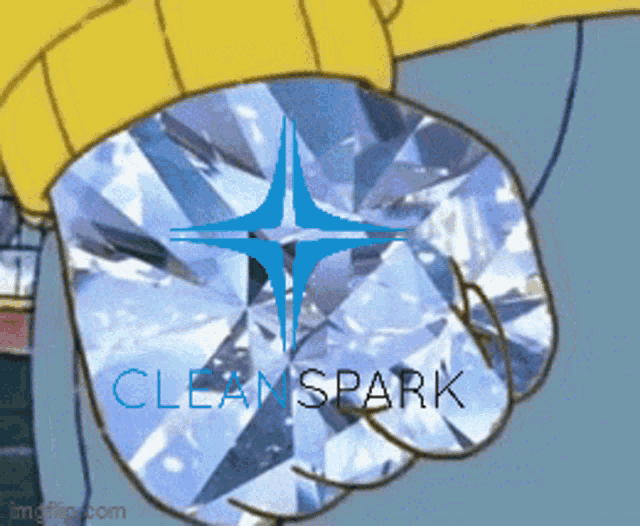 a cartoon character is holding a large diamond in his fist with the words cleanspark written on it