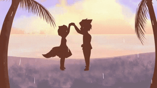 two silhouettes of a boy and a girl dancing on a beach
