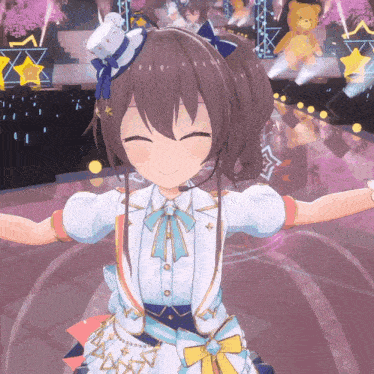 a girl in a white dress and top hat is smiling on a stage