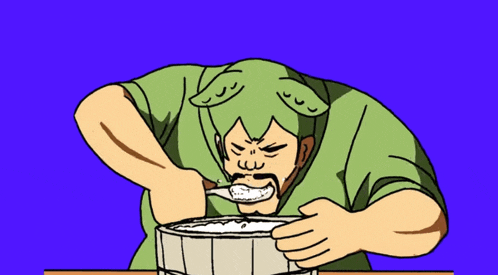 a cartoon drawing of a man in a green kimono scooping rice out of a bowl