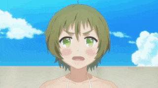 a girl with green hair is standing on a beach with a blue sky behind her