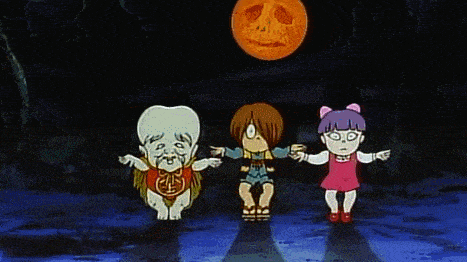 a group of cartoon characters are standing in a dark room