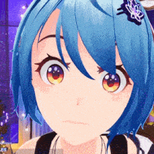 a close up of a blue haired anime girl with a butterfly on her hair