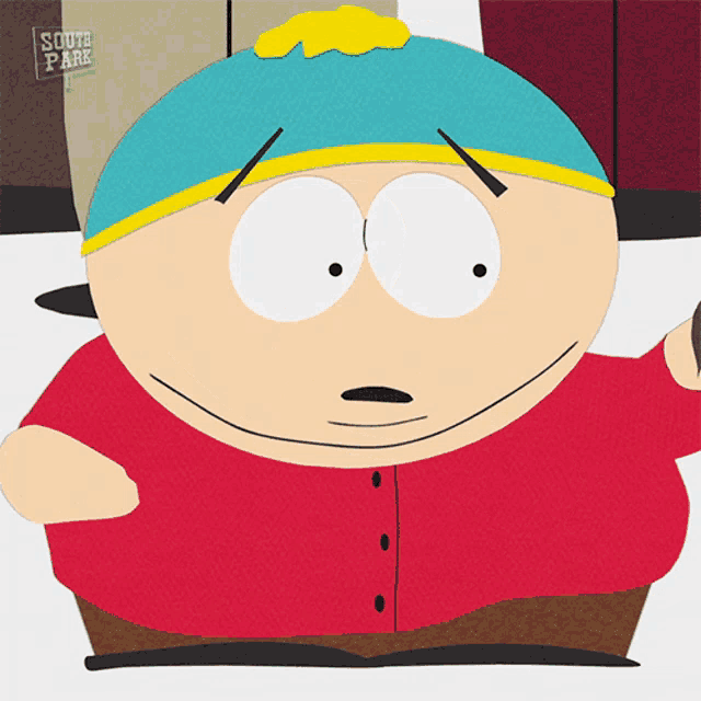 a cartoon character with a sign that says south park in the background