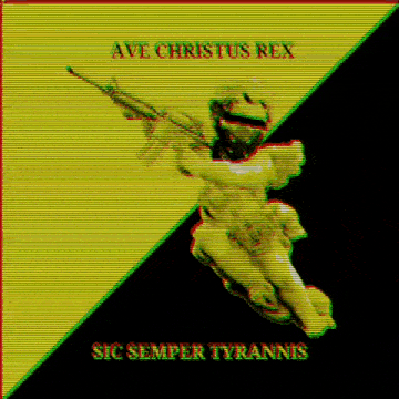 a statue of an angel holding a gun with the words ave christus rex sic semper tyrannis below it .