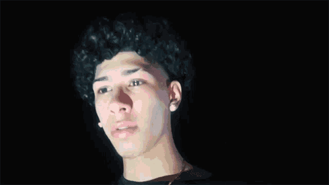 a young man with curly hair and earrings is looking at the camera in a dark room .