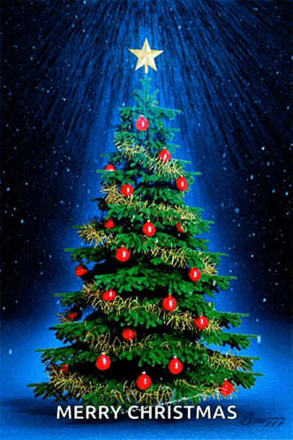 a merry christmas card with a christmas tree and a star