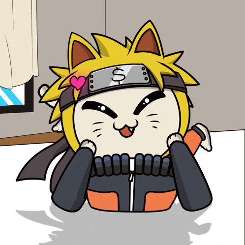 a cartoon drawing of a cat wearing a headband that says $ on it