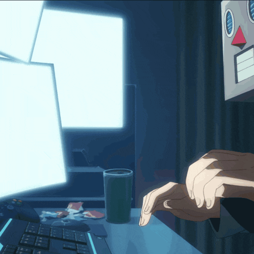 a person sitting in front of a computer with a robot head