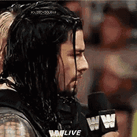 roman reigns is talking into a microphone while wearing a black vest .