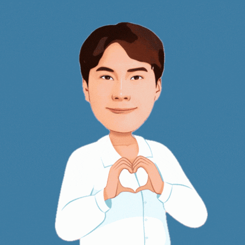 a man making a heart shape with his hands with two pink hearts behind him