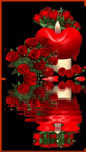 red roses and a heart shaped candle are reflected in the water .