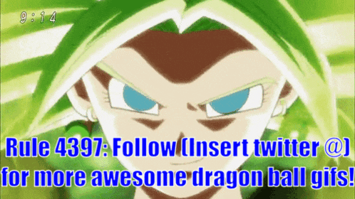a cartoon of a girl with green hair and the words " rule 4397 follow insert twitter @ for more awesome dragon ball gifs "