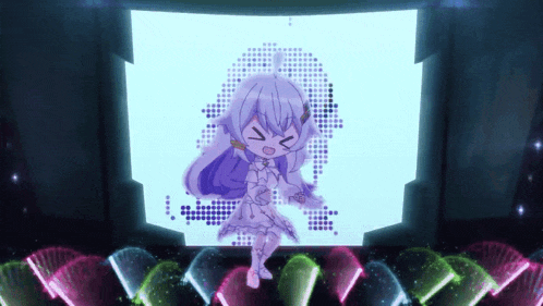 a cartoon character with purple hair is dancing on a stage