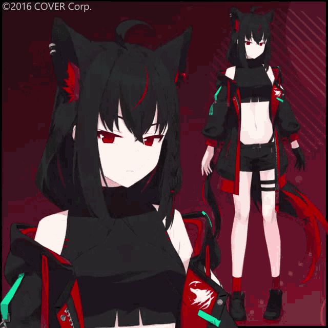 a girl with black hair and red ears is wearing a black top and red shorts