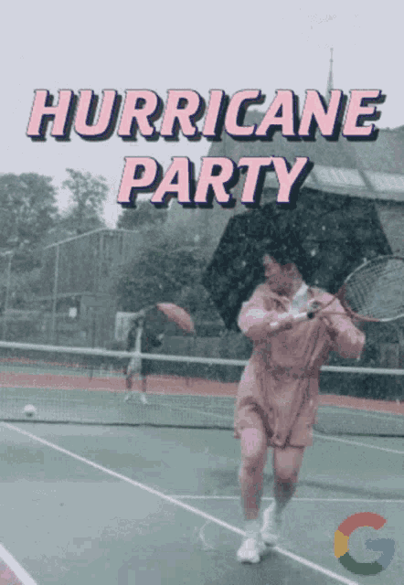 a poster for a hurricane party with a woman holding a tennis racquet and an umbrella