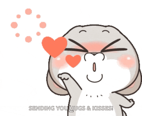 a cartoon of a rabbit blowing a heart with the words " sending you hugs & kisses " below it